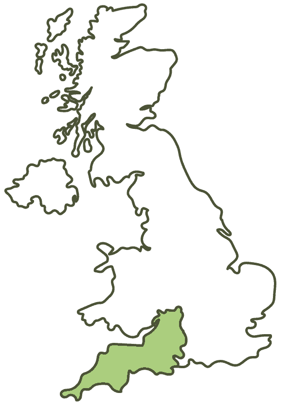 A graphic of the United Kingdom with the south west highlighted in green.