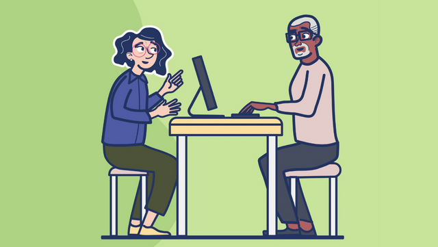 An illustration of a woman and a man working at a desk