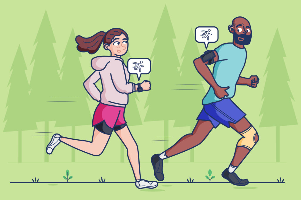 An illustration of two runners using fitness technology.