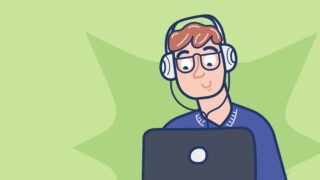 An illustration of a man wearing headphones using a laptop.