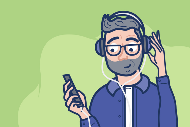 Illustration of a man wearing headphones and holding a mobile phone
