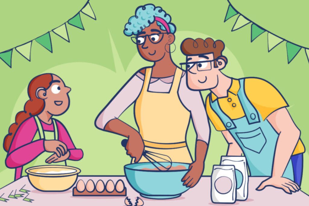 An illustration of two adults baking a cake with a child, who is wearing a hearing aid and signing the word for 'cake'.