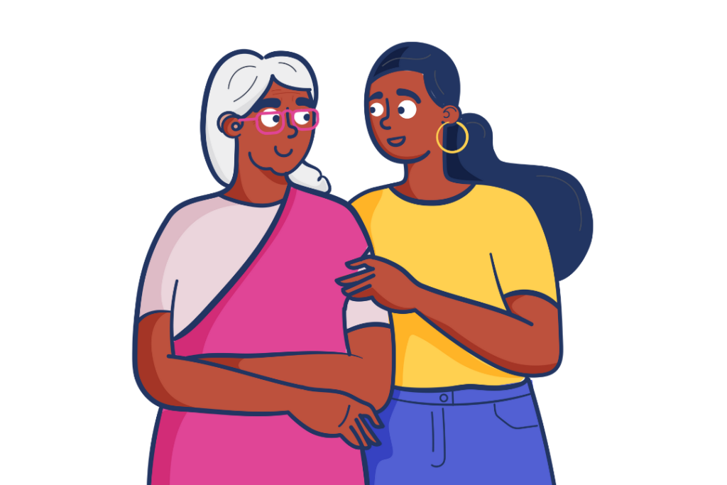 An illustration of two Brown women, smiling at each other. One is wearing a sari and is older with white hair. The other woman is younger and has her hand through the older woman's arm. 
