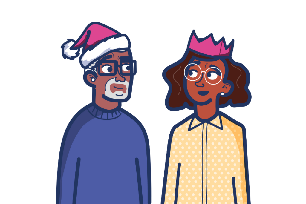 An illustration of two people wearing Christmas hats and looking at each other, smiling. The man wears a hearing aid.