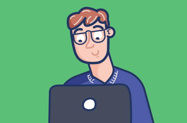 An illustration of a man wearing glasses looking at a laptop.