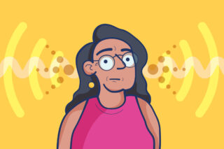 Illustration of a woman wearing glasses with sound icons next to their ears indicating that their hearing is disturbed.