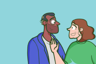 Two people speaking. One wears a cochlear implant