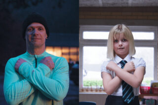 Two images side by side. On the left is a man standing outside in the dark, wearing running clothes. On the right is a school child wearing school uniform. Both are smiling and have their arms crossed in front of them.