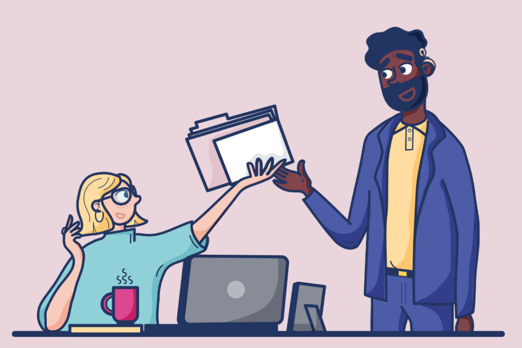 Illustration of two people at work: a woman sits at a desk and laptop. A man wearing a cochlear implant is taking some files from the woman with a smile.