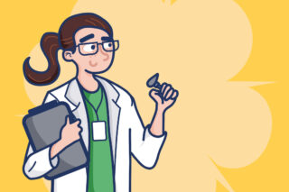 An illustration of an audiologist wearing a white coat. She holds a clipboard and an ear instrument.