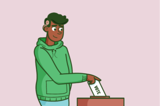 Illustration of young person in a green hoodie casts a vote by placing a ballot into a box marked "VOTE" against a light pink background.