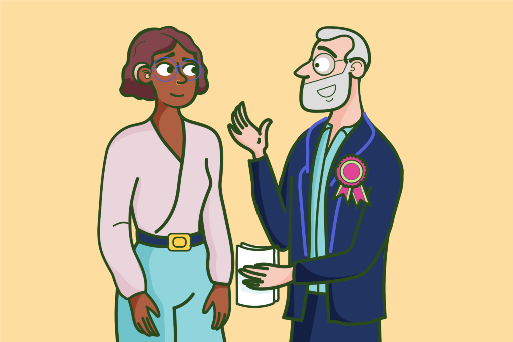 Illustration of a woman in a white blouse and blue pants conversing with a man in a suit with a badge, holding a paper.