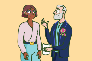 Illustration of a woman in a white blouse and blue pants conversing with a man in a suit with a badge during an election, holding a paper.