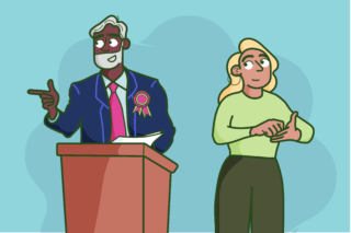 An illustration of a man and woman standing at a podium, delivering a speech to an audience with the woman translating into BSL.