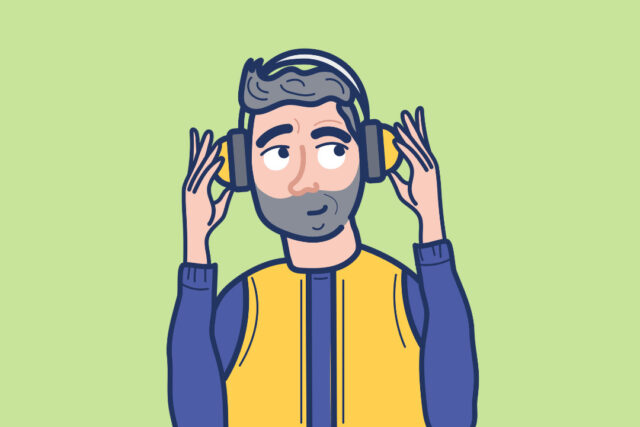 An illustration of a man in a vest wearing ear defenders.