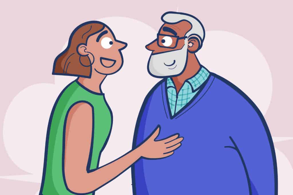 An illustration of two people talking. The woman on the left speaks directly to the man in front of her. The man smiles, listening. He wears a hearing aid.