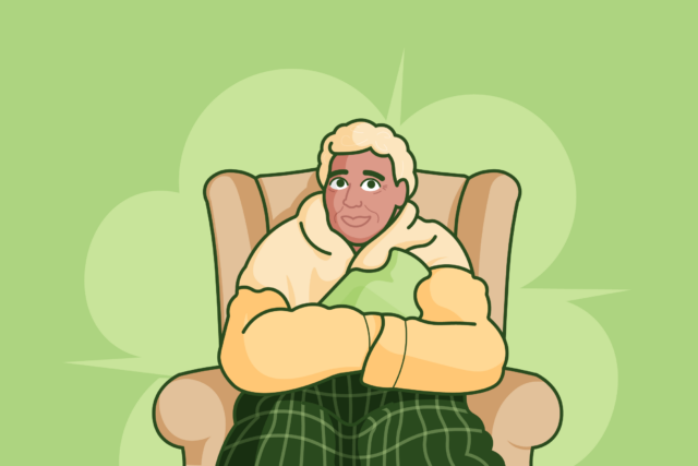 Illustration of a man seated in an armchair in a blanket with a hot water bottle