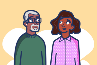 An illustration of two people, one man and one woman, looking at each other.