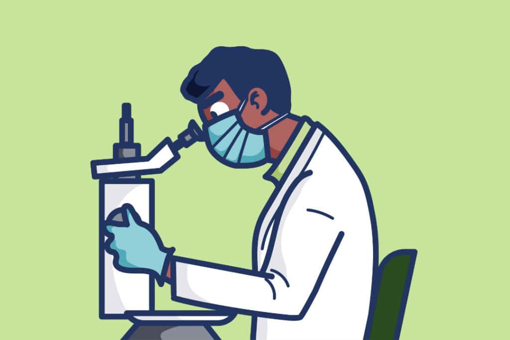 Illustration of a male doctor sitting at a microscope. He wears a face mask and gloves as he looks into the microscope.