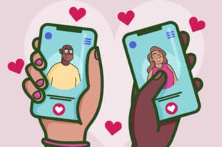 Graphic design of two hands holding mobile phones displaying dating apps.