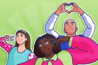 An illustration of a group of people wearing bright clothes