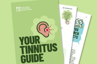 An illustration of the front cover of the RNID guide with the words 'Your tinnitus guide' and a sample of the inside pages.