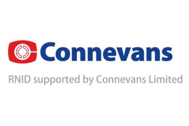 Connevans logo with text below it that reads 'RNID supported by Connevans Limited'.
