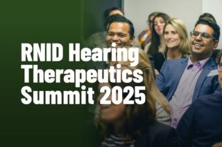Graphic showing people seated in a conference with the words 'RNID Hearing Therapeutics Summit 2025'