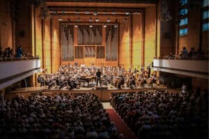 A music stage with an orchestra performing