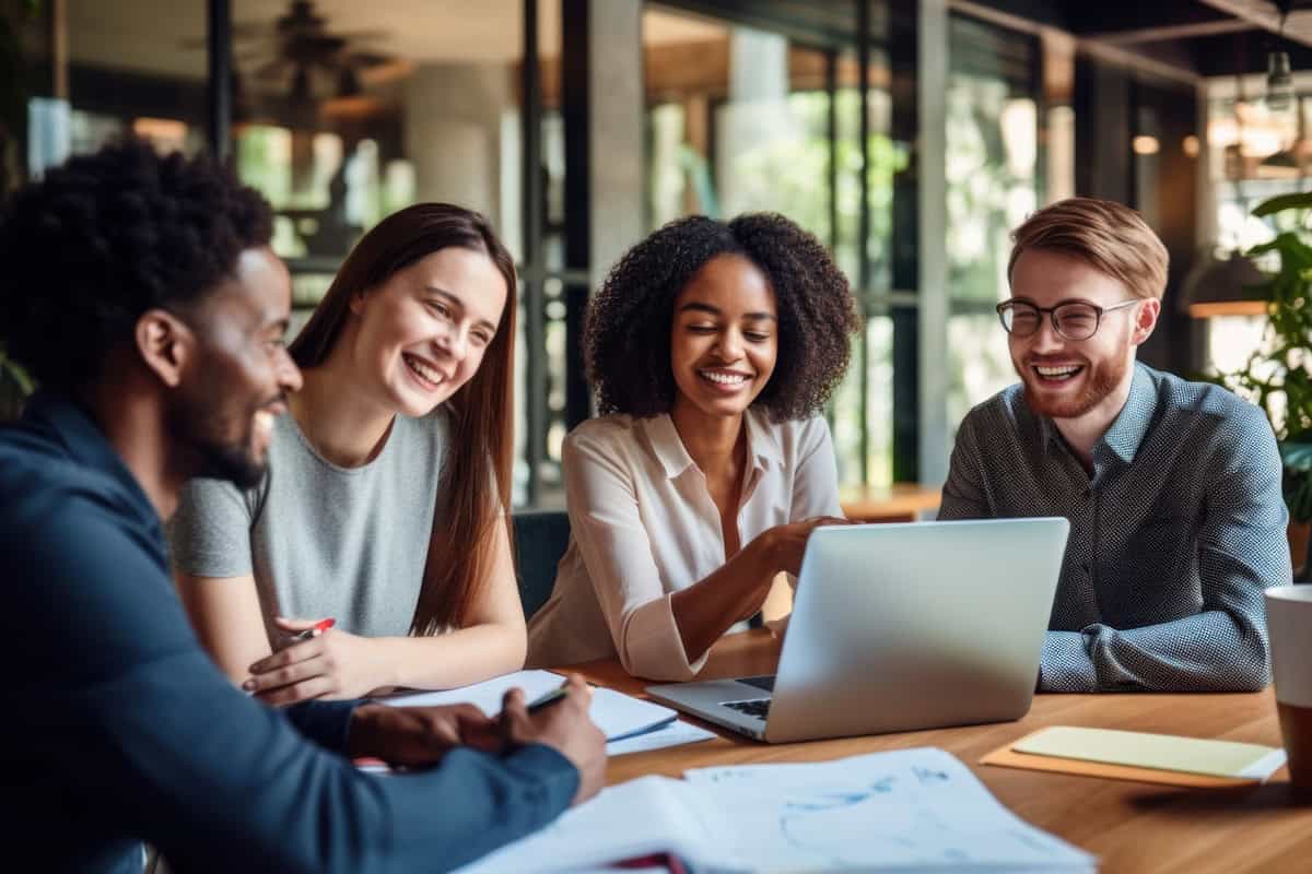 A team of people enjoying completing online training together.