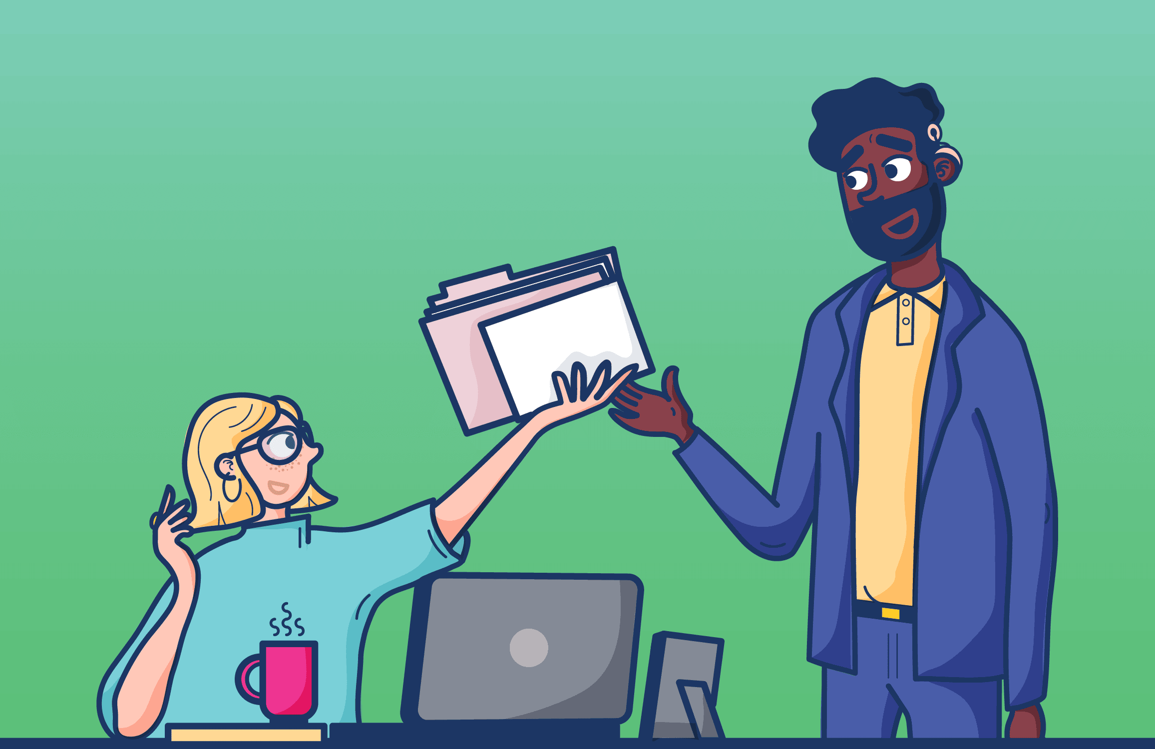 Illustration of two office employees passing each other documents