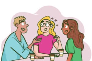 An illustration of people talking while drinking coffee.