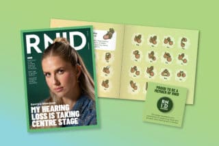 A graphic showing the pack contents that people receive when they become an RNID member, including an RNID Magazine, fingerspelling cards, and RNID member badge.