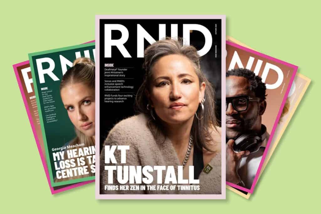 A graphic showing a selection of RNID Magazines fanned out.