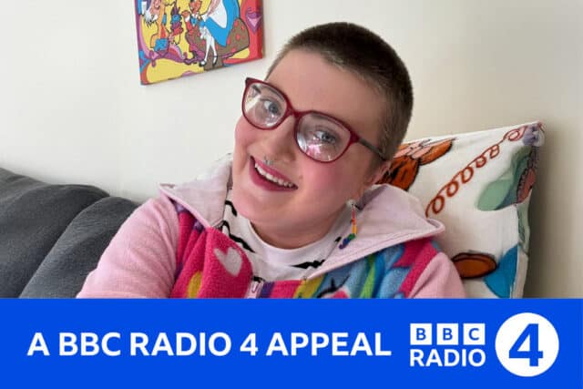 RNID storyteller, Charlotte, wears glasses and smiles. There is a BBC Radio 4 Appeal banner beneath the image.
