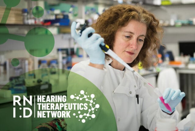 A scientist in a laboratory with a pipette and testube. The words 'Hearing Therapeutics Network' are overlaid
