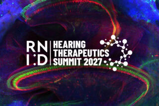 A microscopy image with text that reads 'RNID Hearing Therapeutics Summit 2027'.