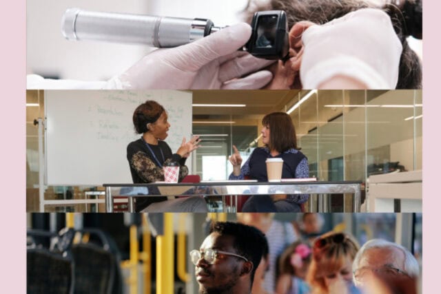 Composite image showing people having an ear examination, talking together in an office, and seated on a bus